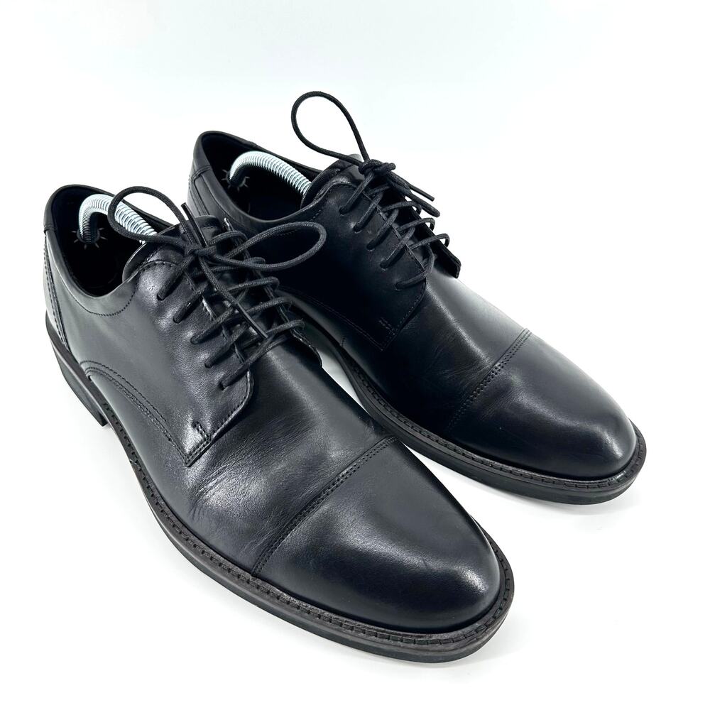 Ecco Biarritz Shoe Men 9 Black Leather Oxford Cap Toe Lace Up Comfort‎ Office
